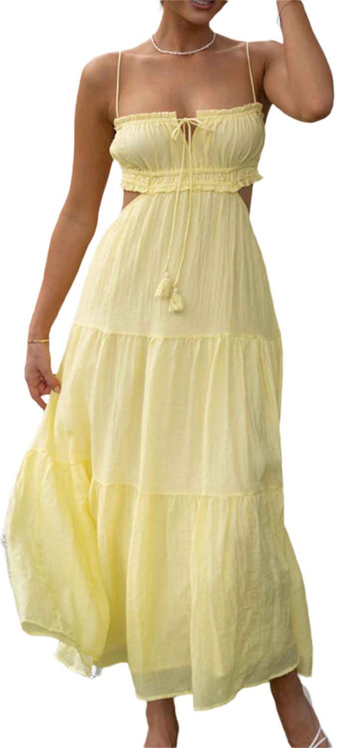 CreaionWomen's Y2k Cut Out Backless Maxi Dress Bodycon Long Flowy Dresses Summer Boho Spaghetti Strap Low Cut Cami Dress Clubwear