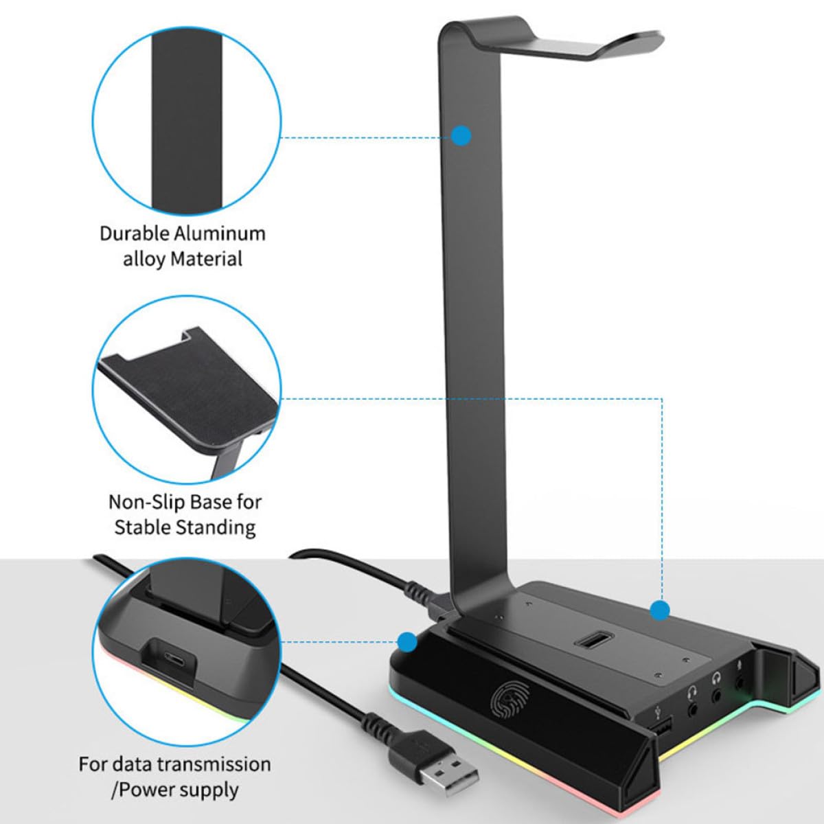 Alipis Soporte para Auriculares Gaming Puerto de Carga USB y Transmisión Inteligente, Material Abs Negro, Diseño Estable para Escritorio y Accesorios Ordenador Sobremesa