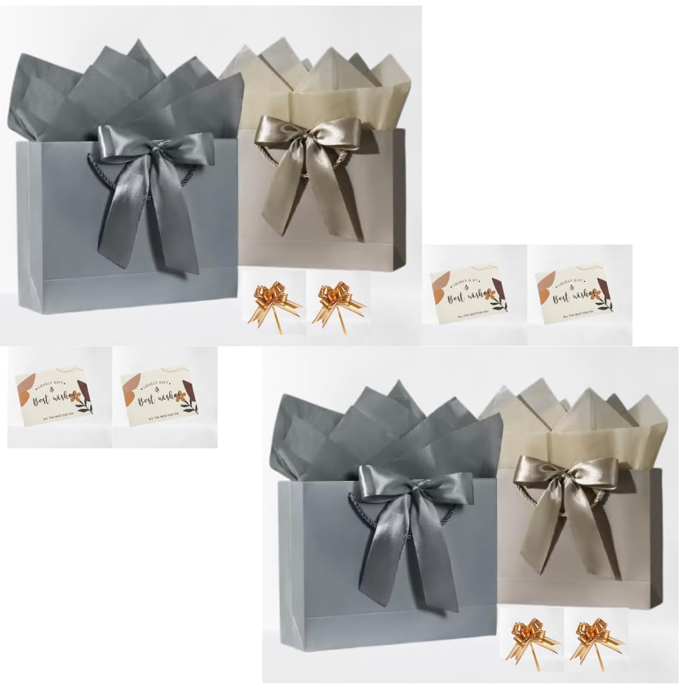 Medium Gift Bags Set of 4 (28x20x10) with Handles,Tissue Papers, Greeting Cards and Pull Ribbons- Premium Reusable Paper Bags Perfect for Presents,