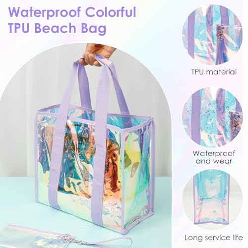 Beach Tote Bag for Women, Waterproof Large Beach Bags with Small Phone Pouch, Pool Gym Yoga Essential, Beautiful Long Lasting Pool Bag for Vacation Traveling Daily Use, Iridesent Purple2