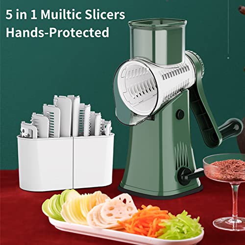 Foto von SAVORLIVING Manuelle Gemüseschneider, Käsereibe mit Kurbel, Trommelreibe für die Küche, Gemüsehobel mit 5 Sätze Austauschbarer Klingen, Gemüseschneider für Gurken, Käse und Nüsse usw. (Grün)