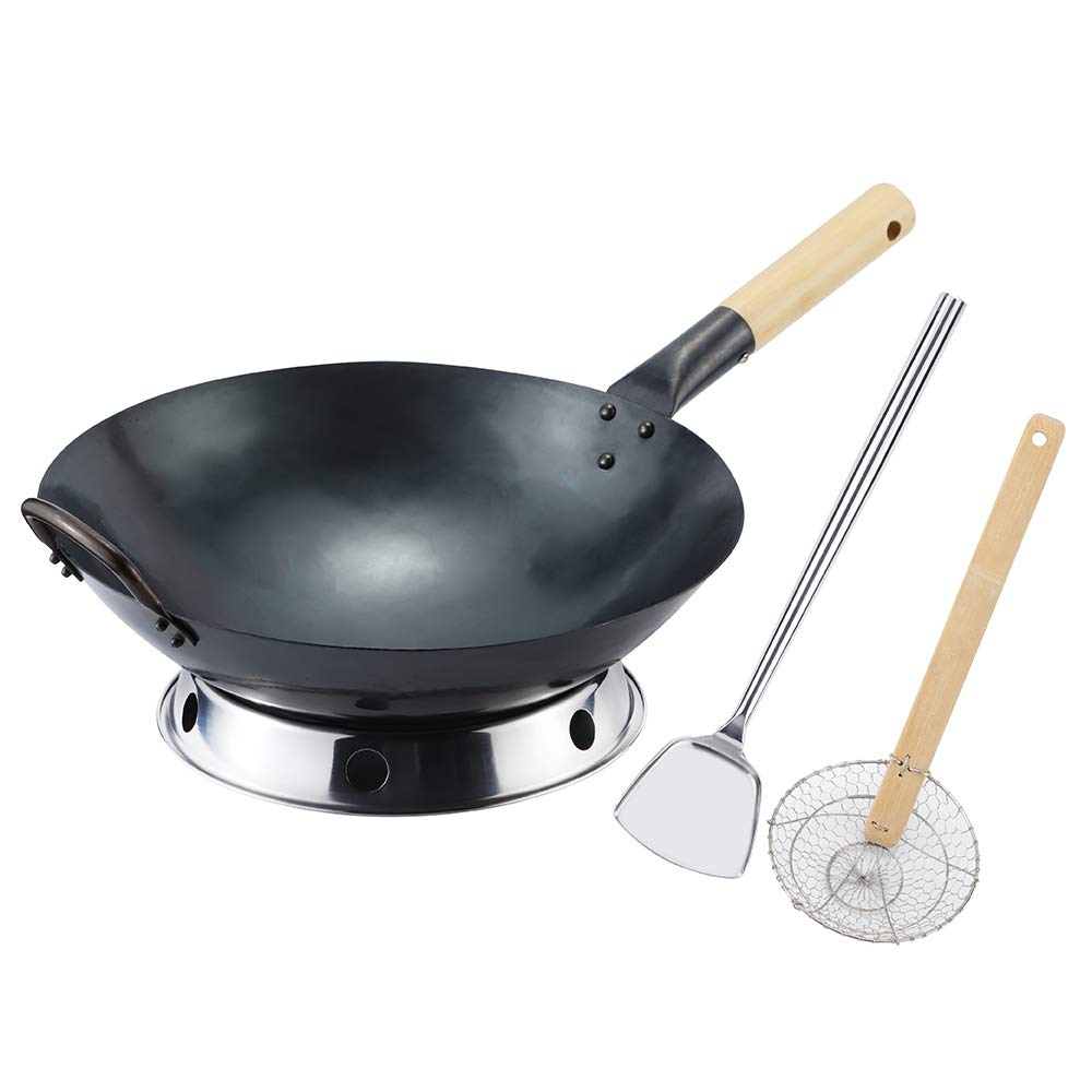 Buy Letschef Preseasoned Carbon Steel Pow Wok Set, 14inch Woks and Stir Fry Pans Hand Hammered