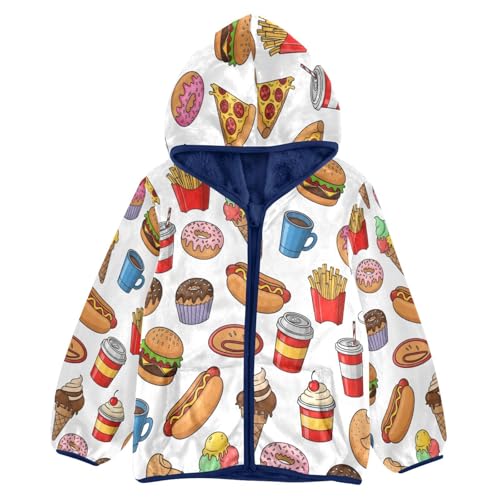 Fast Food Items Pattern Design Toddler Fleece Jacket Girl Boys Hooded Fleece Jacket Coat Warm Outwear Zip-up 3-10T