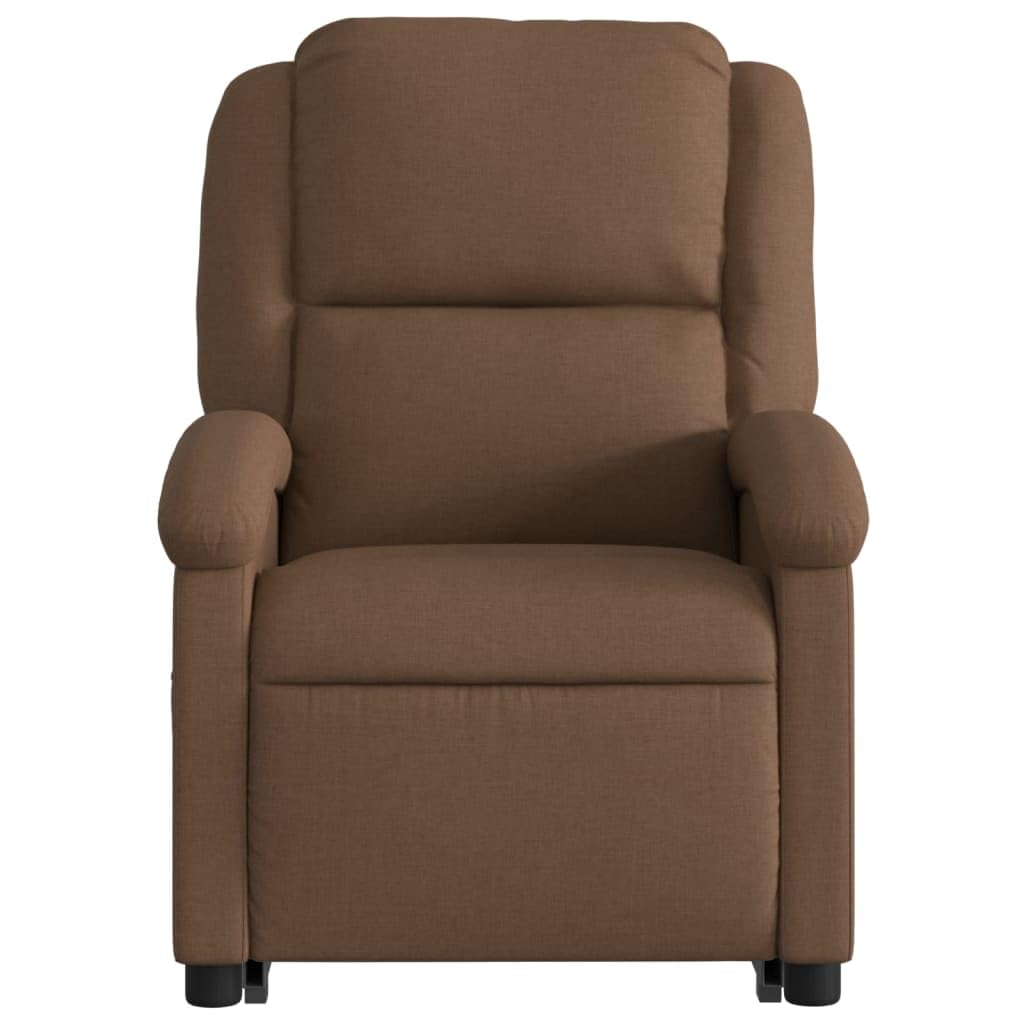 Sillón elevador eléctrico reclinable con masaje de 6 puntos, tejido marrón, función elevación y vibración, estructura estable de madera y metal, cómoda con bolsillo