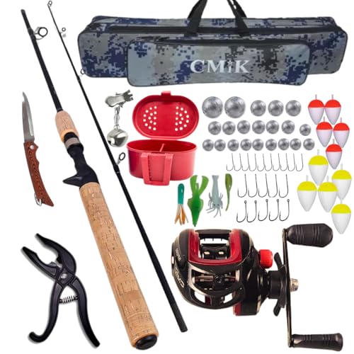 Kit de Pesca Completo, Vara com Carretilha, Bolsa porta vara, Acessórios com Anzóis, Iscas, Alicate e Canivete (Canhoto)