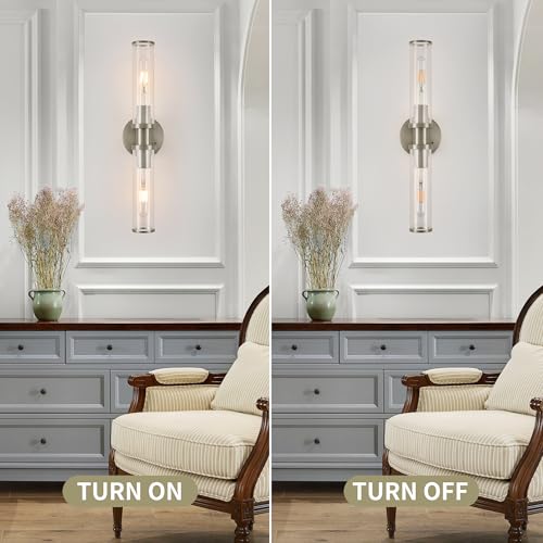 Image of Rayogale Nickel Wireless Battery Operated Wall Sconces with Remote Control | Glass Rechargeable Wall Lights Set of 2 with Timer Function Dimmable for Living Room Bedroom Emergency 3000K, 20.5 Inch