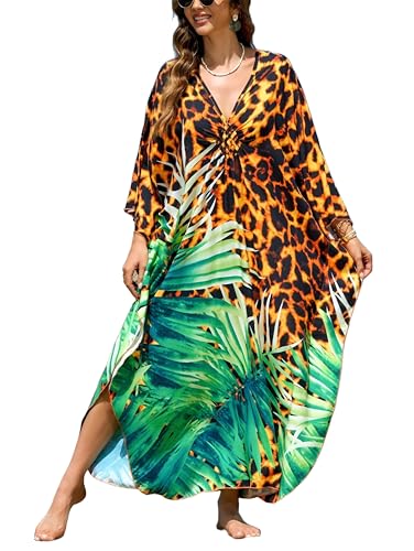 Image of IMAGEKOPE Women's Plus Size Animal Print V-Neck Batwing Kaftan Beach Dress Bathing Suit Cover-Up Loungewear