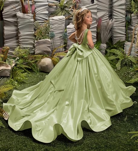 Satin Flower Girl Dress Crystals and Bow Pageant Dresses for Girls Princess Ball Gown4