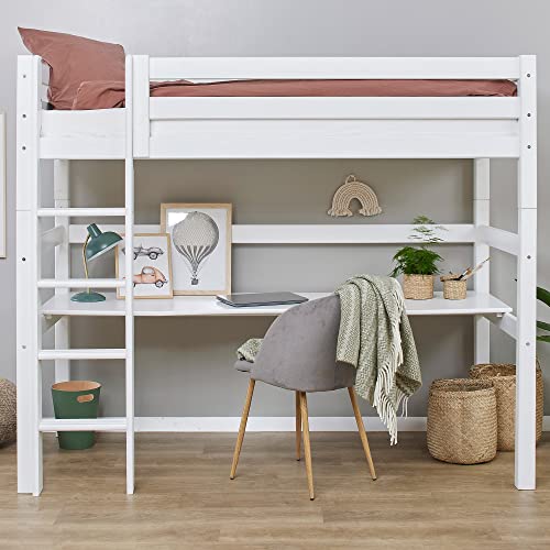 Hoppekids ECO Luxury Hochbett mit Schreibtisch | Kinderbett/Jugendbett 90x200 | Zum Einzelbett umbaubar | Weiß mit Leiter | Inklusive Lattenrost