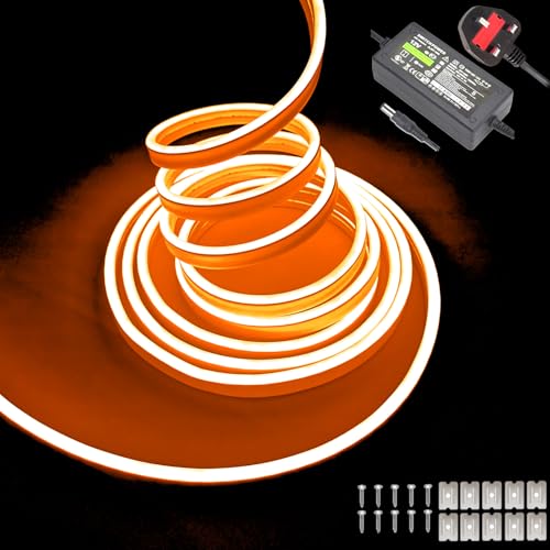 Gcidto Flexible 5M Orange Neon LED Strip Lights，12V DC 600 LEDs Waterproof SMD2835 for DIY Decor Lights for Parties, Bars, Bedrooms, Store Signs(Includes Power Adapter).