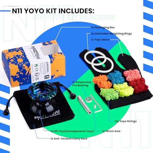 Image of MAGICYOYO N11 Professional Unresponsive Yoyo N11 Dual Purpose Alloy Trick YoYo Ball with Bag, Glove, 12 Strings and Responsive Bearing Kit (Black Blue Green)