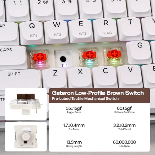 Image of EPOMAKER Luma84 Low Profile Aluminum Mechanical Keyboard, QMK /VIA Programmable, Tri-Mode Wireless, Win /MAC /Linux Compatible, RGB Backlight (White&Purple, Gateron Low-Profile Brown Switch)