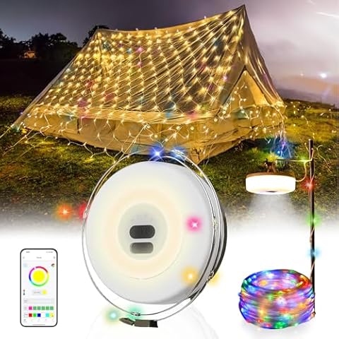ONXE Camping String Lights,Camping Essentials Gear 19FT APP Control Lamp Lights Waterproof, 4 in 1 Outdoor String Lights for AWN Tent Yard Garden Hiking Travel Decoration and Holiday Christmas Gifts Cover