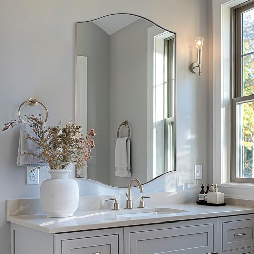Image of ANDY STAR 30 inchx48 inch Scalloped Mirror,Brushed Nickel Rectangle Bathroom Mirror with Curved Edge Stainless Steel Metal Frame, Large Wall-Mounted Mirror for Bathroom, Entryway (Horizontal /Vertical)