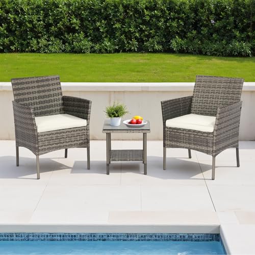 Image of FDW 3-Piece Patio Furniture Set | Gray & Khaki | Outdoor Wicker Furniture