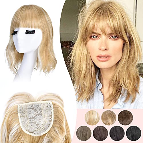 HOOJIH Hair Topper, 12" Wavy Wiglet Hairpieces Clips in Hair Extensions for Women with Thinning Hair Add Volume and Coverage - Blonde with Highlighs