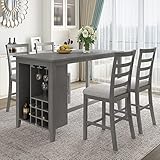 Bellemave 5-Piece Dining Table Set for 4 Counter Height Table Set with 4 Chairs Multi-Functional Kitchen Table Set with 9 Bar Wine Compartment, Wineglass Holders for Kitchen, Dining Room (Grey)