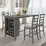 WOZNLA 5-Piece Counter Height Table Set-Rubber Wood, Padded Chairs, Integrated Wine Compartment, Wineglass Holders for Stylish Dining Room, Gray