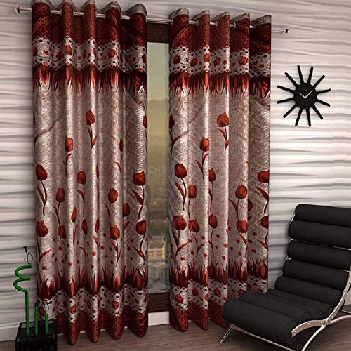 Image of Home Decor Polyester Rose Curtains for Door 7 Feet, Pack of 2, Maroon (Maroon, Door 7 Feet)