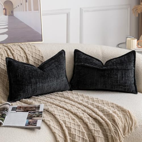 Image of MADIZZ Pack of 2 Chenille Throw Pillow Covers 12x20 Inch Black Soft Neutral Decorative Throw Pillows for Couch Sofa Boho Accent Cushion Covers Modern Farmhouse Home Decor for Bedroom Living Room