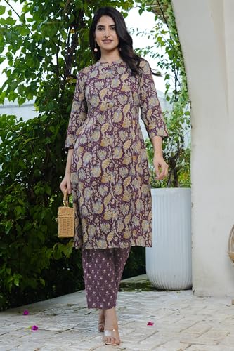 Image of MIRCHI FASHION Women's A-Line Cotton Kantha Work Floral Printed Kurta Set with Trouser
