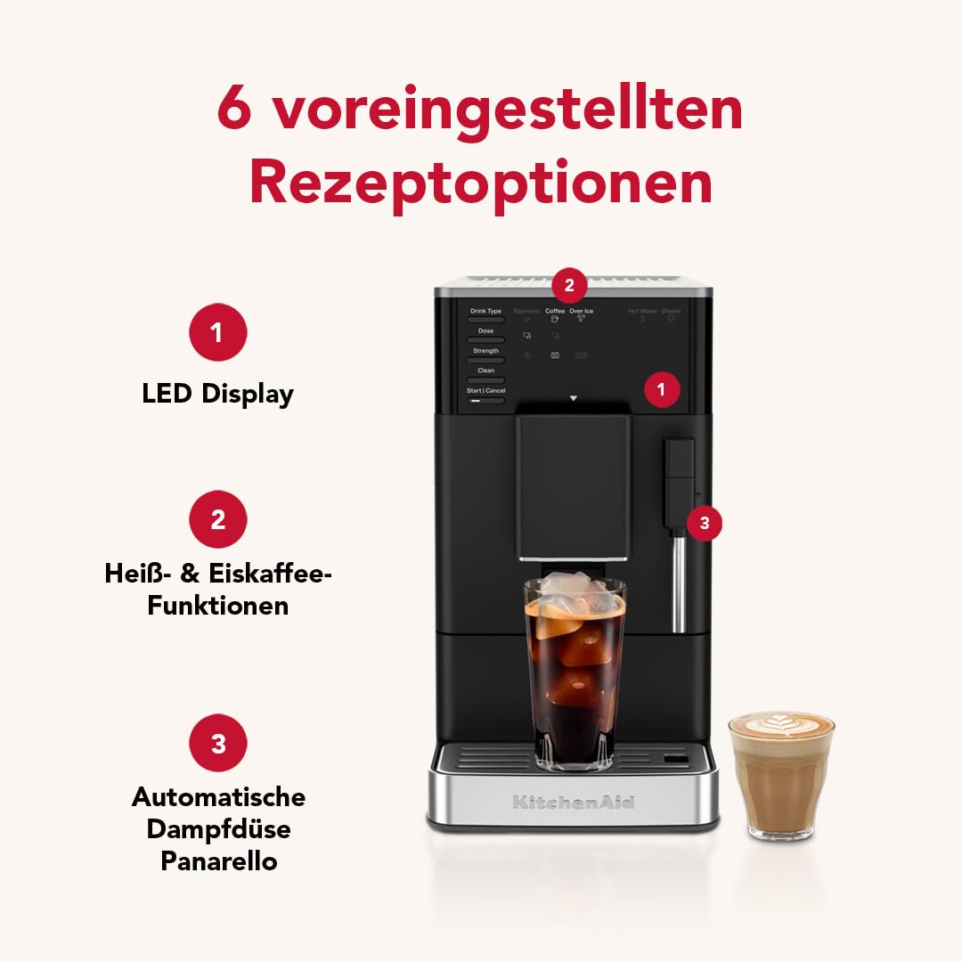 KitchenAid KF2 Kaffeevollautomat 5KES8452 mit Iced Coffee-Funktion, IntelliGrind-Mahlwerk, Panarello-Dampfdüse, LED-Display, 15-18 Bar, Matt Schwarz | Iced Coffee-Funktion, IntelliGrind-Mahlwerk, Panarello-Dampfdüse, LED-Display, 15-18 Bar