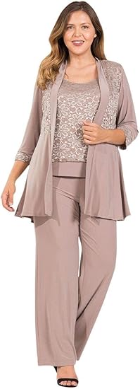 R&M Richards Mother of The Bride Plus Size Pant Suit| 3/4 Length Sleeves, and A Beautiful Blouse with A Lace Neckline