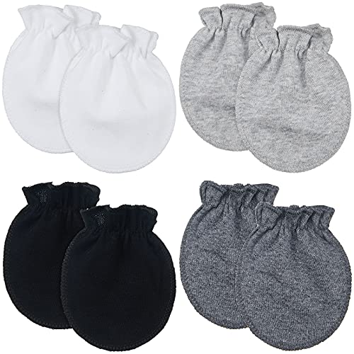 Image of 4 Pairs Newborn Baby Cotton Mittens No Scratch Gloves Newborn Mittens for 0-6 Months Baby (White, Light Gray, Gray, Black)