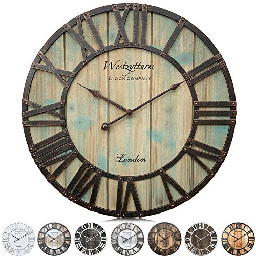 Westzytturm Rustic Wall Clock 18 Inch Farmhouse Wooden Clock Battery Operated Large Wood Wall Clock With Roman Numerals Decorative Wall Clock For Living Room,Kitchen,Office,Bedrooms (Blue) #TOP28