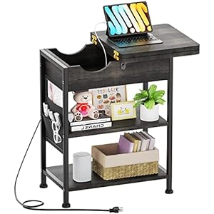 Small End Table with Charging Station – Side Table with USB Ports and outlets with Storage Gray-Black Narrow Night Stand Bedroom Side Tables Living Room