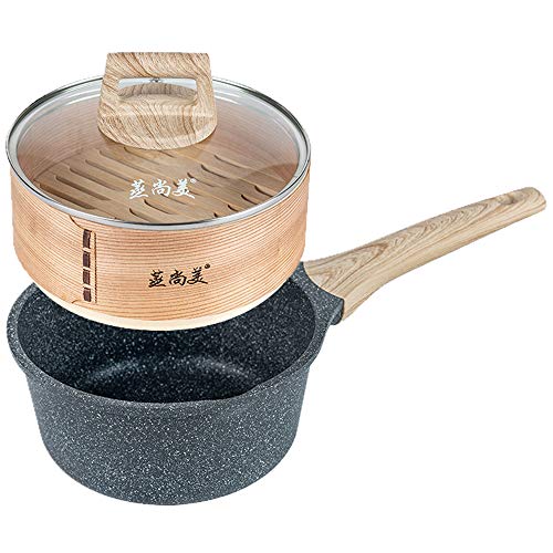 Maifan Stone Non-Stick Sauce Pan with Glass Lid Soup Pot with Wood Steamer (7 Inch)/Pot + Steamer
