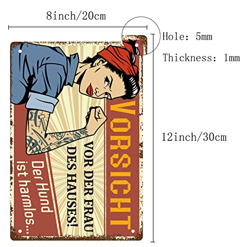CREATCABIN Vorsicht Vor Der Frau Des Hauses Schild Vintage Blechschilder Lustiges Metallblechschild Wandkunst Gartenhaus Plaque Für Mann Frau Küche Café Wand Halloween Weihnachtsdekoration 12 x 8 Zoll