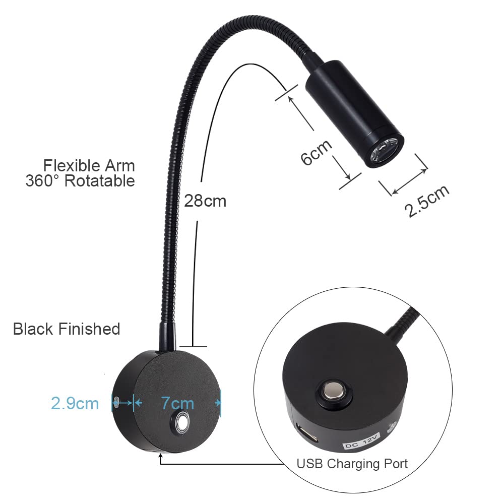 Lámpara de lectura regulable con cremallera con puerto de carga USB, DC 12V para interior de autocaravana, luces LED flexibles, desarrolladas para coche, furgoneta, barco (negro)