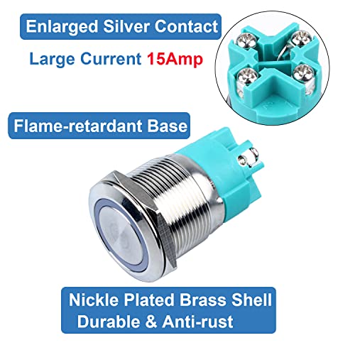Image of 22mm Latching Metal Anti-Vandal Push Button Switch Waterproof Large Current 15Amp 110V 1NO Screw Terminals for 0.87 inch Mounting Hole with Halo Ring Blue LED