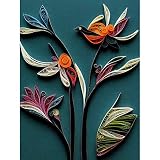 Modern Paper Quilling Bird on Exotic Flower Plant Leaves Blue Orange Teal Premium Wall Art Canvas Print 18X24 inch