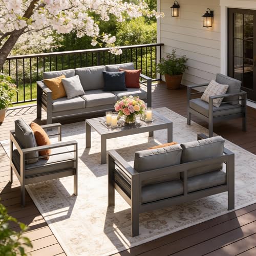 Image of Outdoor Conversation Sets, Aluminum Patio Couch with Outdoor Coffee Table, All-Weather Metal Patio Couch with 5 inch Thick and Soft Cushion and Wide Arm, Outdoor Sofa Sets for Balcony, Porch, Dark Gray