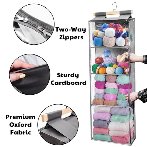 Image of Hanging Yarn Storage Organizer, Over the Door Hanging Yarn Holder with 4 Large Pockets, Clear Crochet Knitting Bag Organizer with Zippers and Hooks, for Knitting Needles Crochet Hooks, Gray