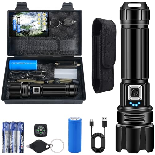 TAVADA Linternas LED Alta Potencia 500000 Lúmenes, Linterna LED Recargable USB con Batería de 5000 mah, IP67 Impermeable para Camping, Senderismo, Ciclismo, Pescar, Emergencias (Incluye Brújula)