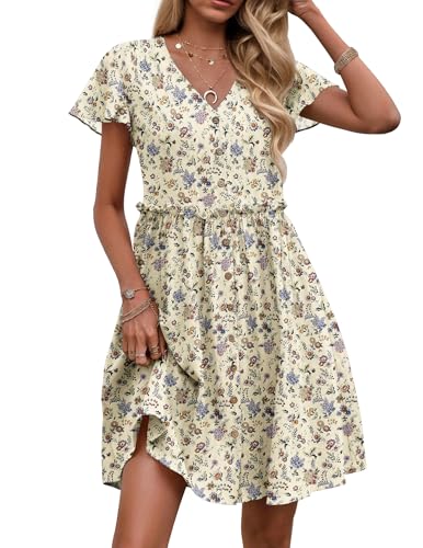 Zeagoo Summer Dress with Flutter Sleeves - Cotton Linen Beach A Line Casual Dress