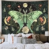 JAWO Green Butterfly Moon luna moth Flower Tapestry Boho Floral Plant moth Tapestries for Bedroom Aesthetic Tapastry's Wall Hanging Mandala Botanical Wall Tapestry for Living Room Dorm 60X40