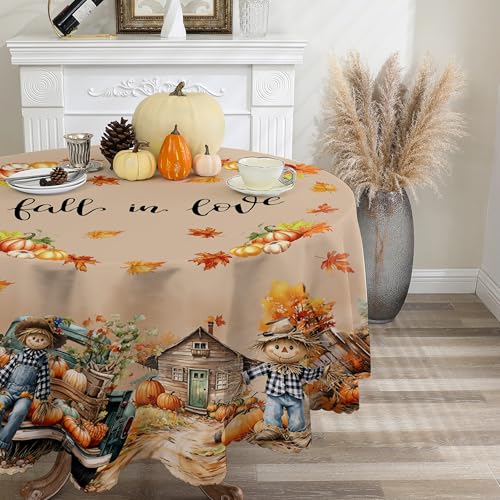 Fall Round Tablecloth 70in - Water-Resistant Pumpkin Truck