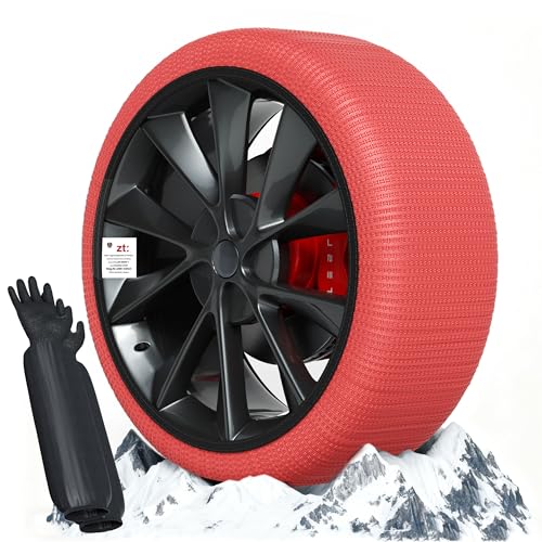 Suriwee Textil Schneeketten EU Norm 16662-1 homologiert, Universelle Ketten für den täglichen Einsatz bei Schnee und Eis - Kit mit 2 Schneeketten + Handschuhe（Rot XL）