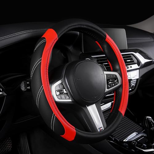 AUTOYOUTH Steering Wheel Cover, Universal Fit for Car, Truck, SUV & Van, Breathable Anti-Slip Microfiber Leather with Four-Stitch Design, Red & Black, 14.5-15 inch, Durable & Long-Lasting