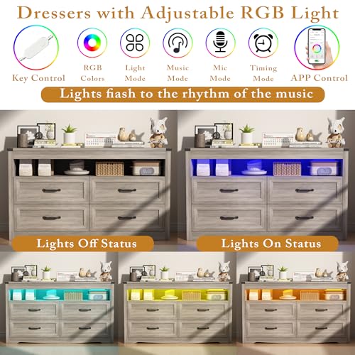 Image of Wodeer Grey Dresser for Bedroom, Wooden 4 Drawer Dresser with LED Light, Dressers & Chests of Drawers with Metal Handles, Storage and Organization for Bedroom, Hallway, Entryway, Gray