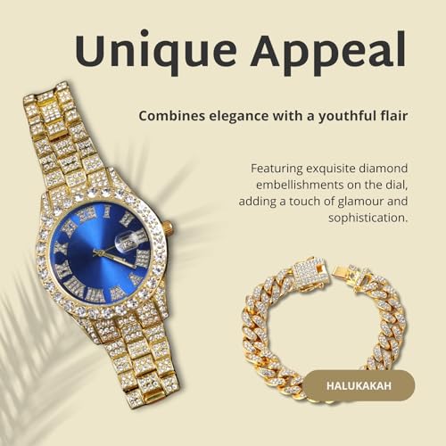 Image of Halukakah Diamonds Gold Watch Iced Out for Boy Teens Kids - 18K Real Gold /Platinum Plated,42mm Blue /Green /Red Dial,Japanese Quartz - 8 inch Length - Optional with Cuban Link Chain,with Watch Adjuster Tool