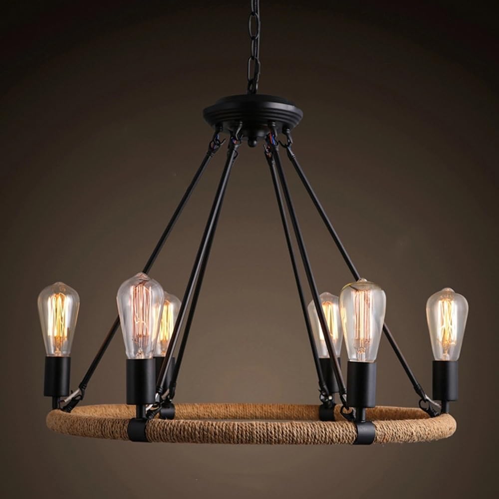 BLOOHK Rustic Hemp Rope Pendant Light, Vintage Circle Round Chandelier for Dining Room, Kitchen, Farmhouse Industrial Hanging Ceiling Lamp