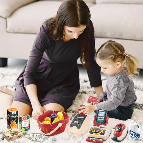 Image of deAO Cash Register Toy Scanner, Supermarket Toy for Children with Fake Money Shopping Trolley Educational Accessories for Girls and Children 3 Years