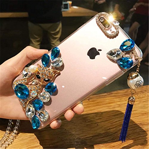 Nubia Z17 mini Crystal Diamond Case, 3D Handmade Pearl Tassel Luxury Fox Head Sparkle Crystal Rhinestone Diamond Glitter Bling TPU Silicone Case for ZTE Nubia Z17 mini (Fox1/ Blue)