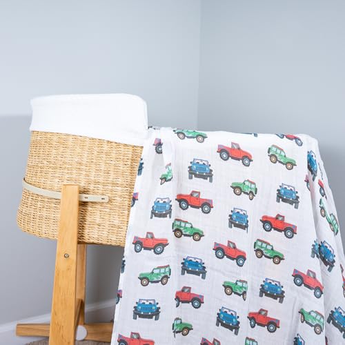 Image of LollyBanks Muslin Swaddle Blankets, 100% Cotton Baby Boy Blanket 47 x 47 Inches, Soft Baby Swaddle Breathable, Muslin Blankets for Boys, Newborn Essentials, Registry (Vehicle Print)