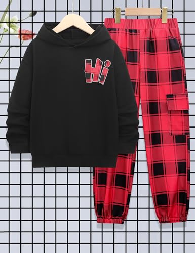 Boys Clothes Long Sleeve Hooded Sweatshirt Top Red Plaid Sweatpants Fall Winter Kid Outfits Set 11-12 Y(Black Red)